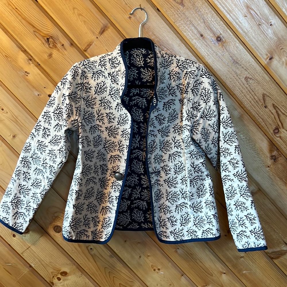 Custom reversible jacquard navy and cream jacket
